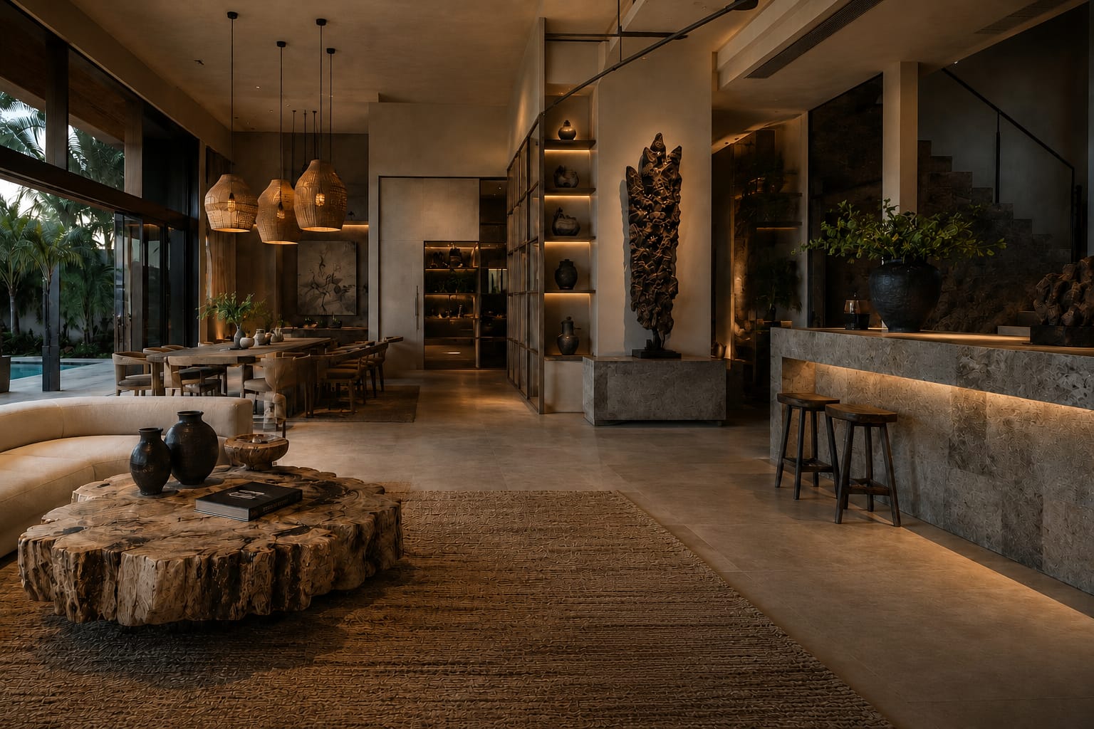 Luxury living room with bespoke teak furniture and warm ambient lighting
